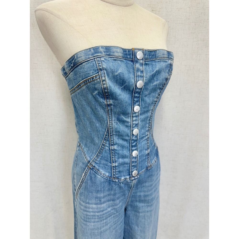 Pilcro Strapless Denim Corset Jumpsuit‎ Womens 6 Light Blue Wide Leg Corset - Picture 13 of 16